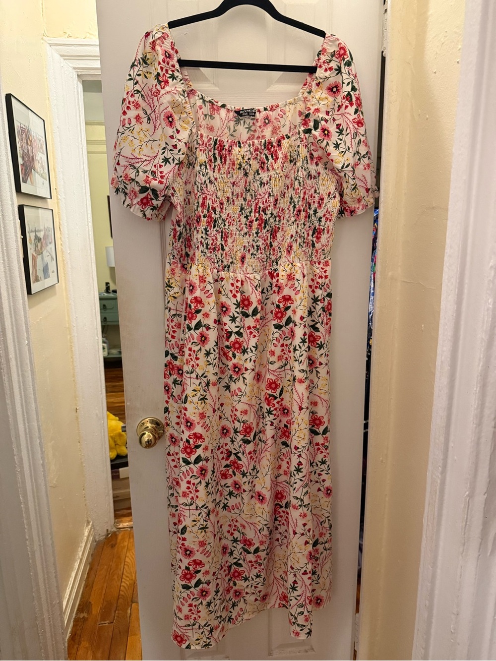 Floral Smocked Midi Dress in white with Pink & Yellow Flowers